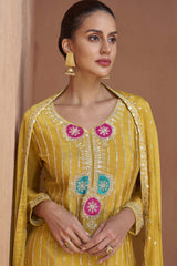 Yellow Chinon Embroidered Palazzo Suit