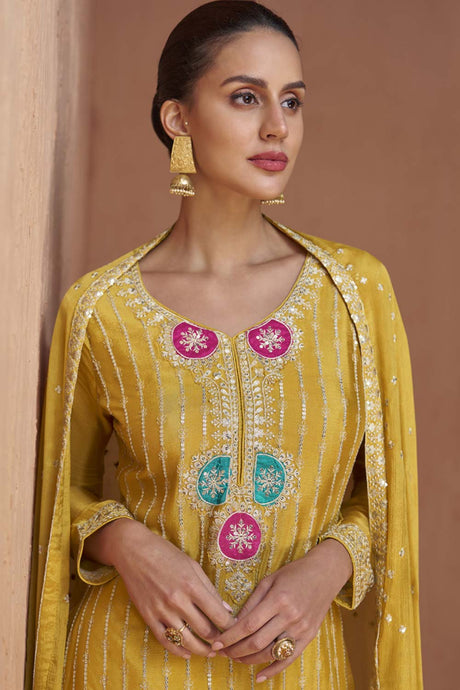 Yellow Chinon Embroidered Palazzo Suit