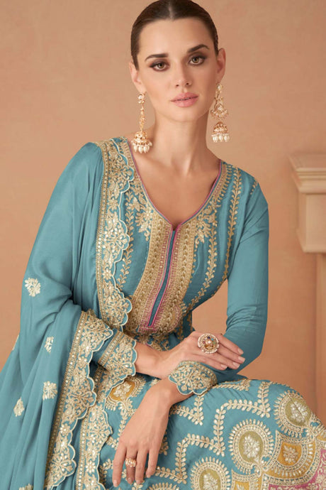 Light Blue Chinon Embroidered Palazzo Suit