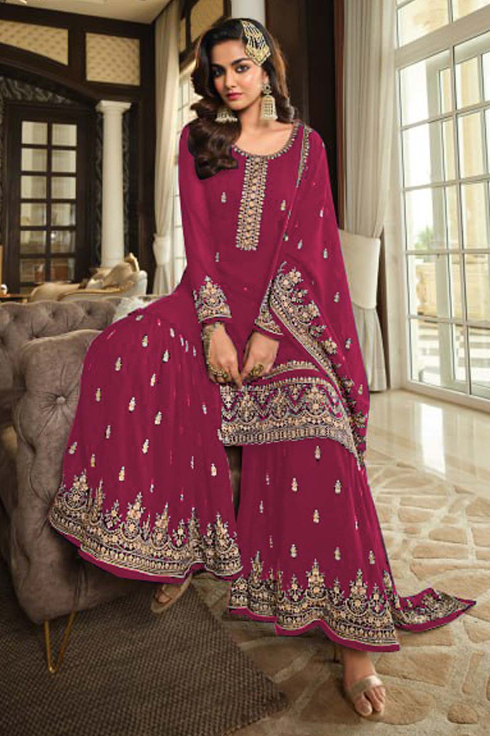 Pink Georgette Embroidered Round Neck Salwar Kameez