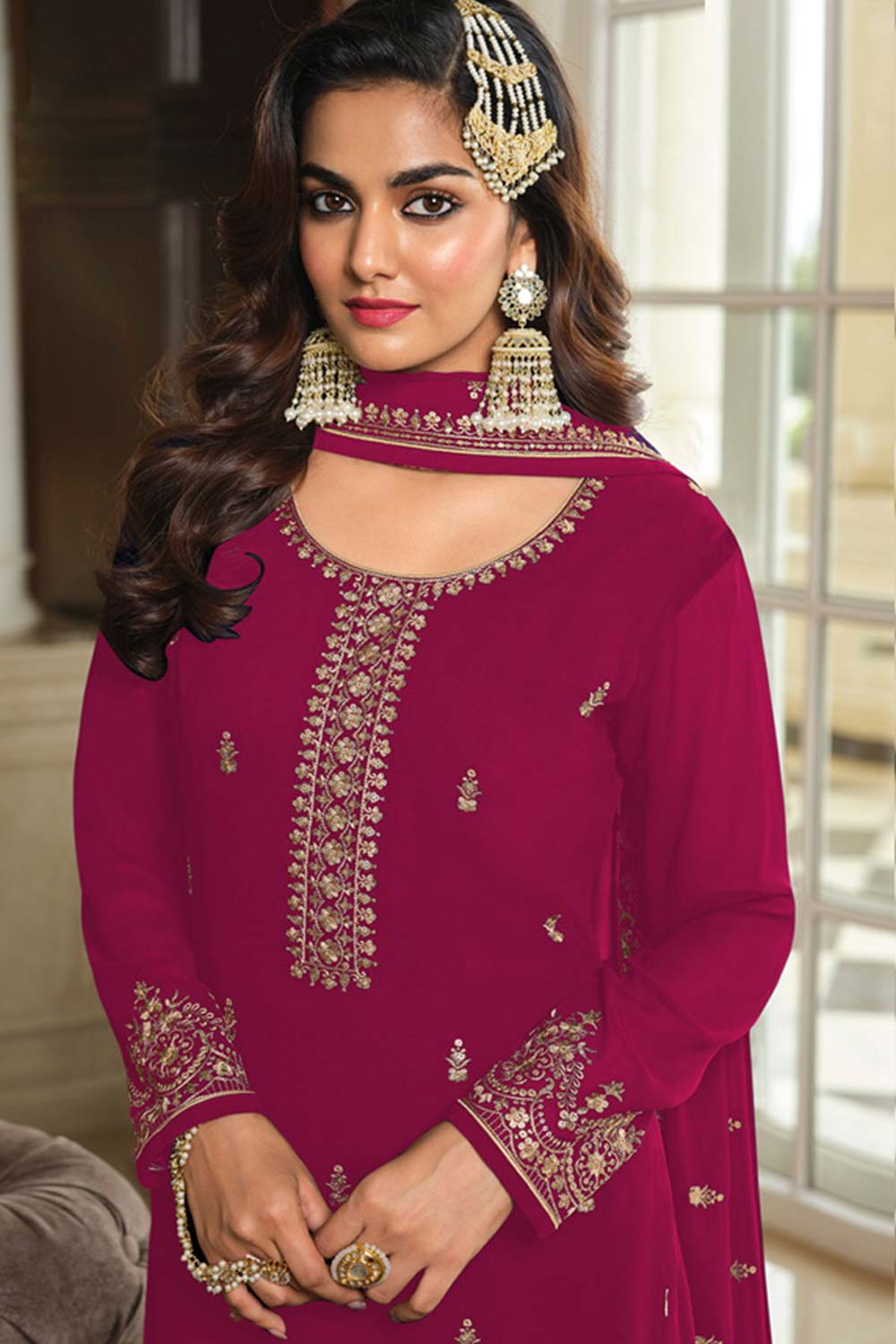 Pink Georgette Embroidered Round Neck Salwar Kameez