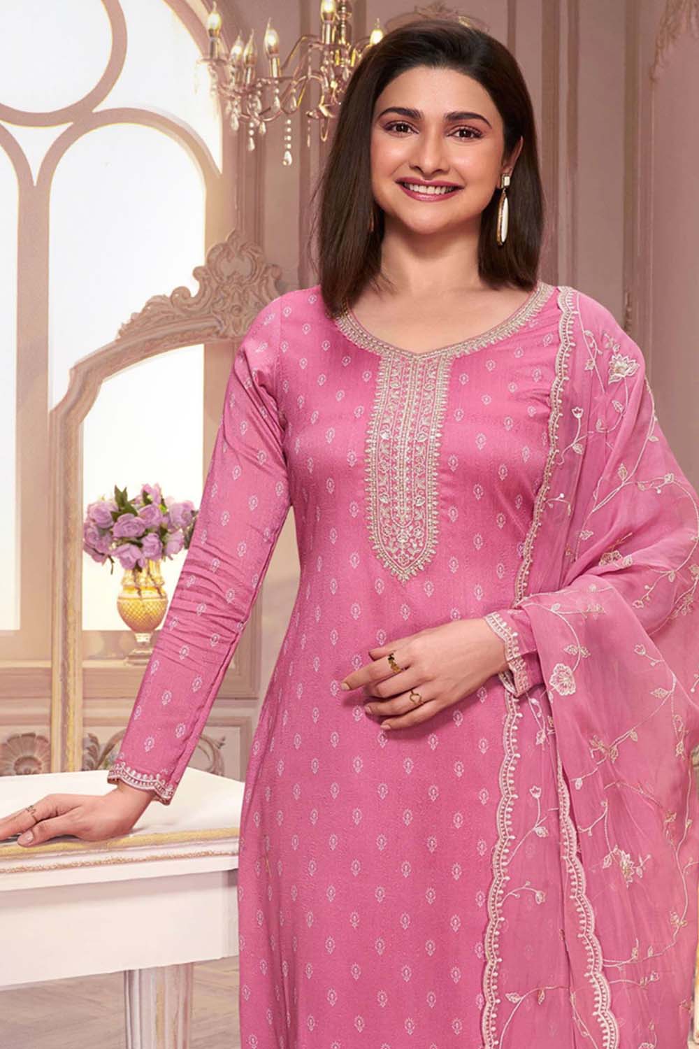 Pink Silk Georgette Embroidered Salwar Suit