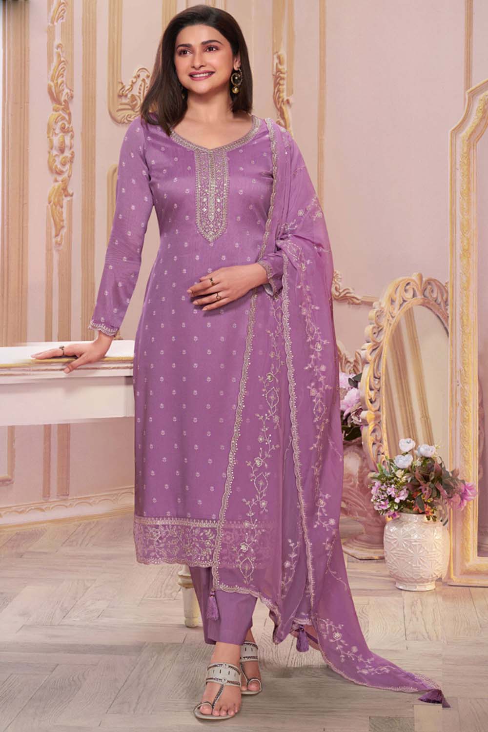 Onion Pink Silk Georgette Embroidered Salwar Suit