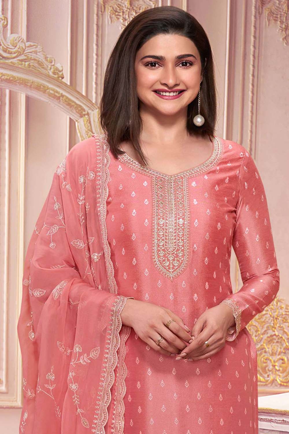 Peach Silk Georgette Embroidered Salwar Suit