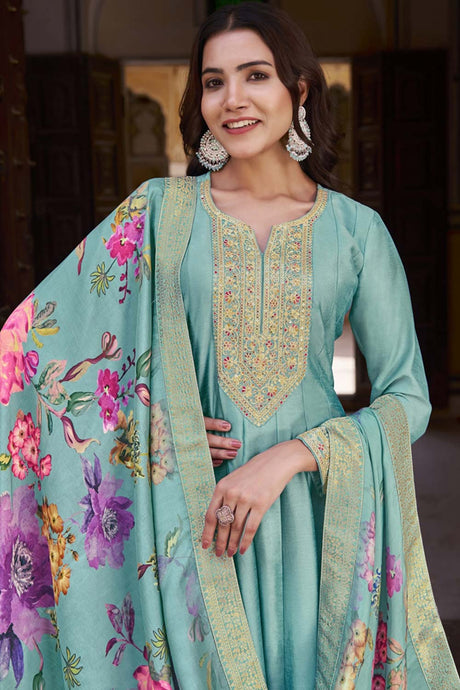 Sky Blue Vichitra Silk Embroidered Anarkali Suit