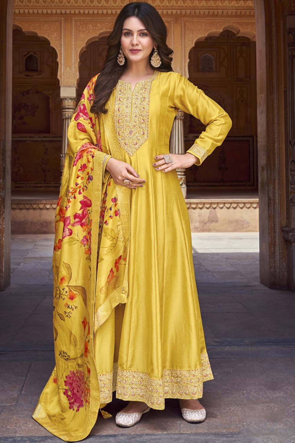 Yellow Vichitra Silk Embroidered Anarkali Suit