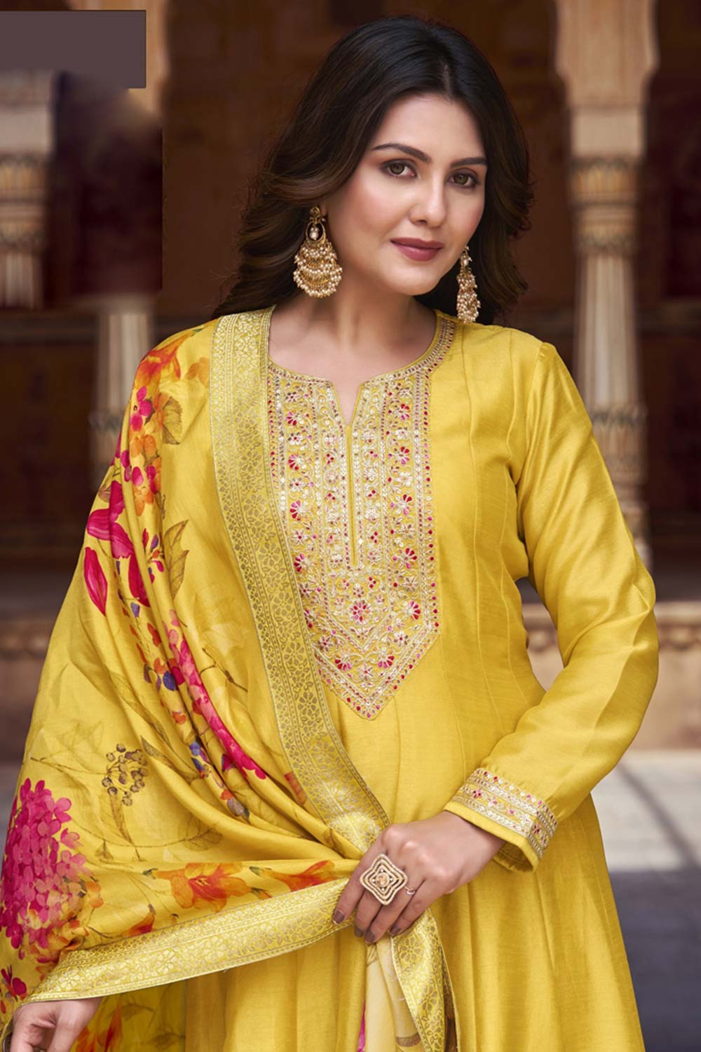 Yellow Vichitra Silk Embroidered Anarkali Suit