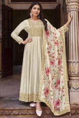 Cream Vichitra Silk Embroidered Anarkali Suit