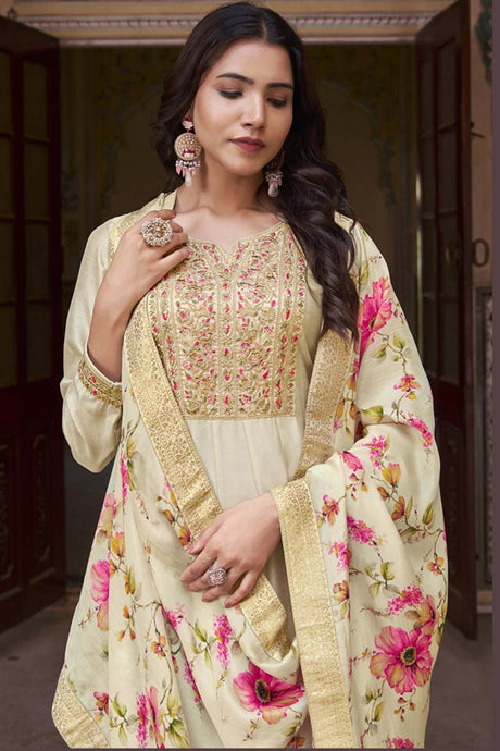 Cream Vichitra Silk Embroidered Anarkali Suit