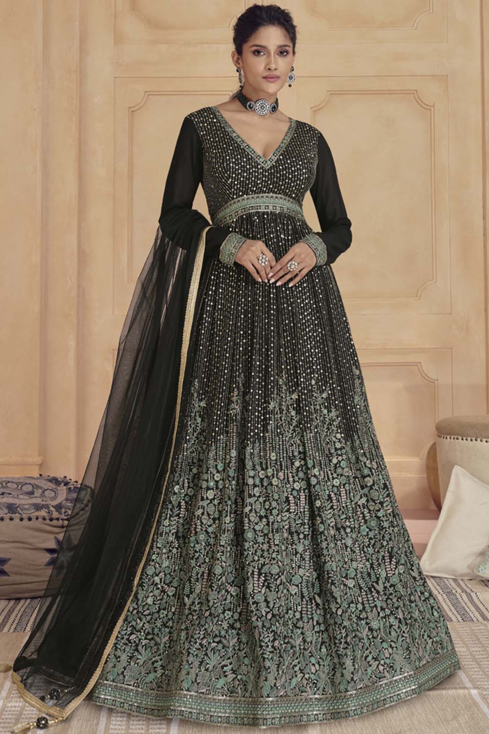 Black Georgette Embroidered Anarkali Suit