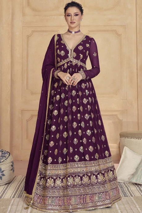 Wine Georgette Embroidered Anarkali Suit