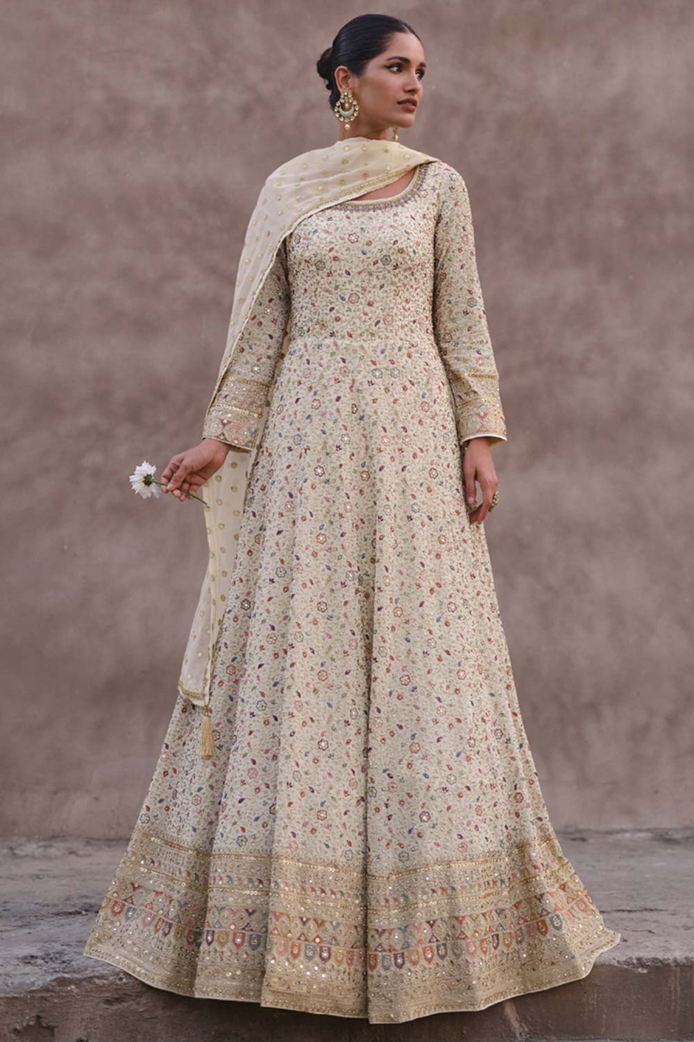 Off White Georgette Embroidered Anarkali Suit