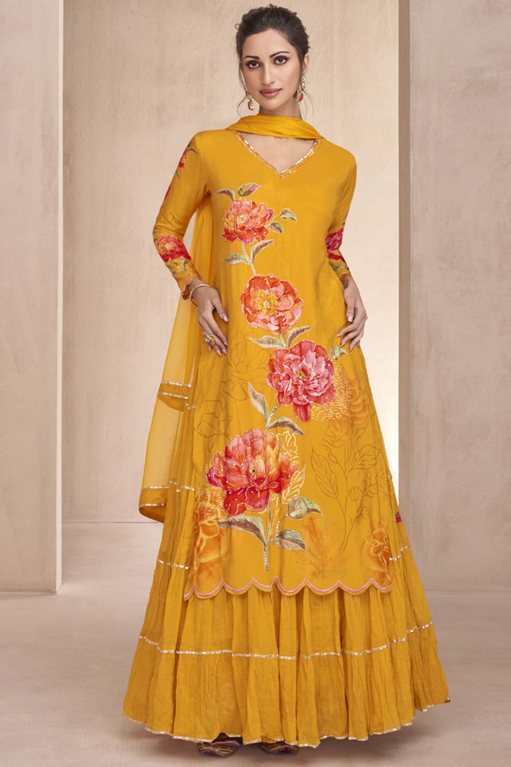 Yellow Muslin Hand Embelished Sharara Suit