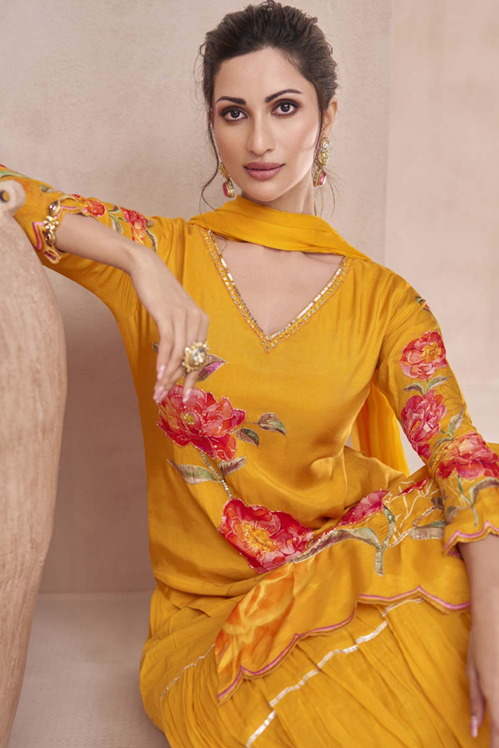 Yellow Muslin Hand Embelished Sharara Suit