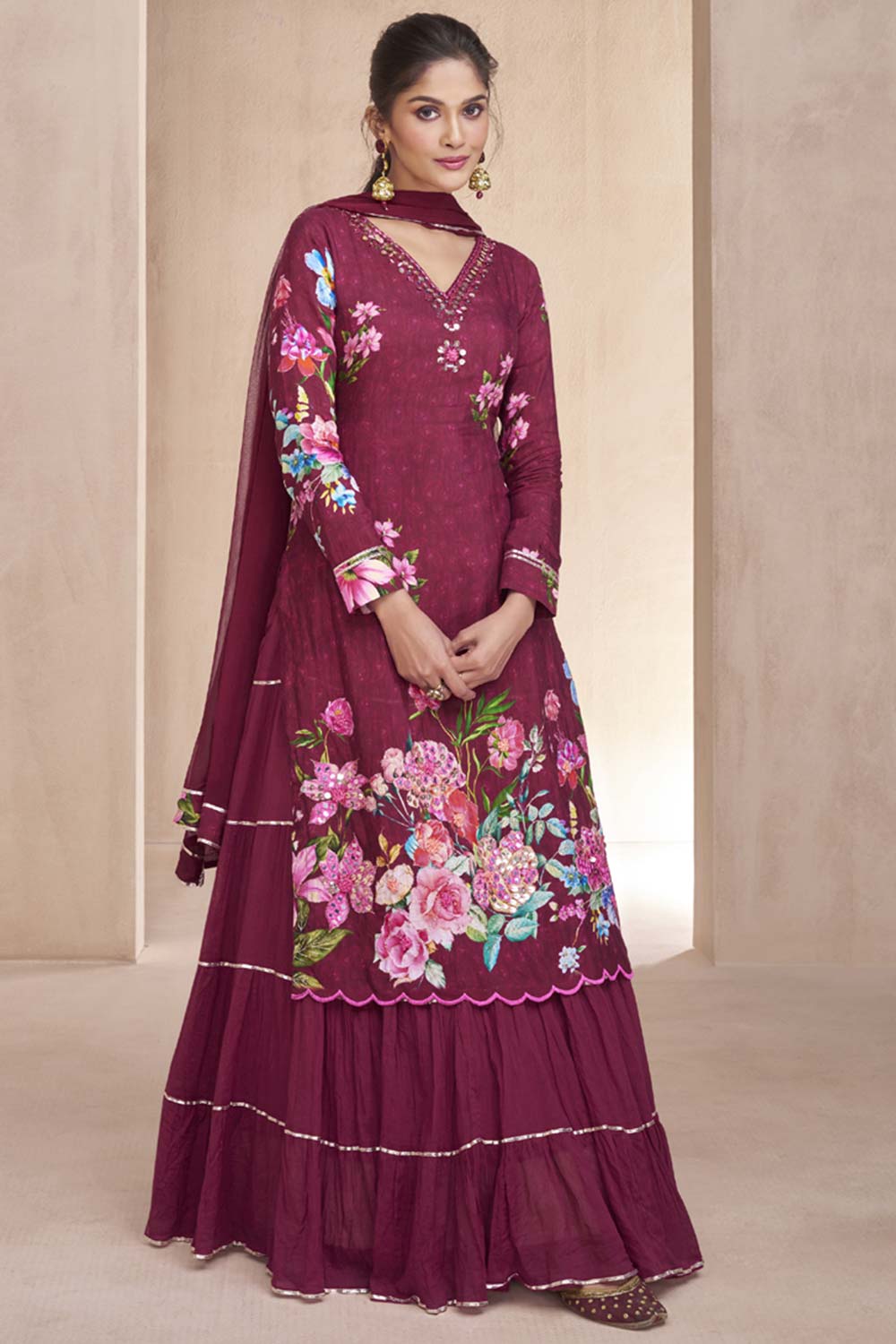 Violet Muslin Hand Embelished Sharara Suit