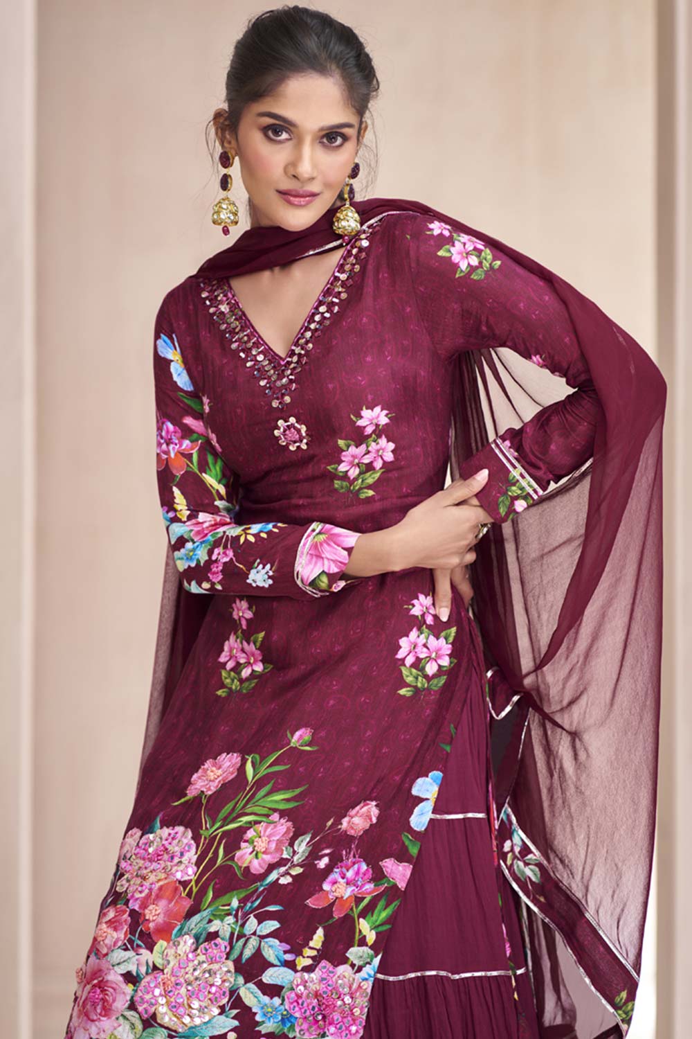 Violet Muslin Hand Embelished Sharara Suit