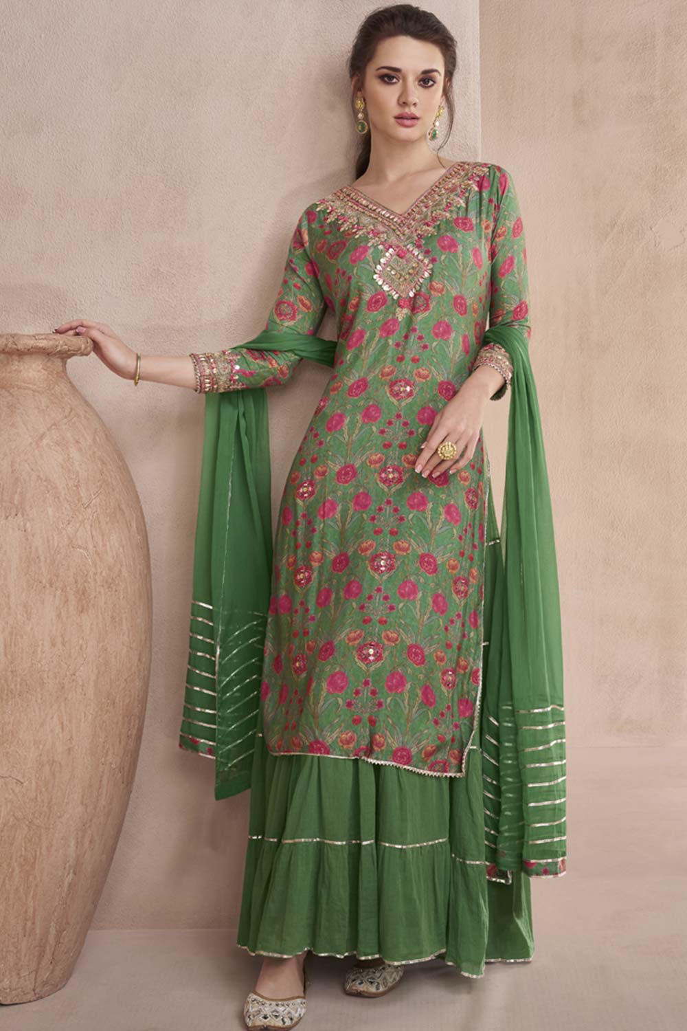 Green Muslin Hand Embelished Sharara Suit