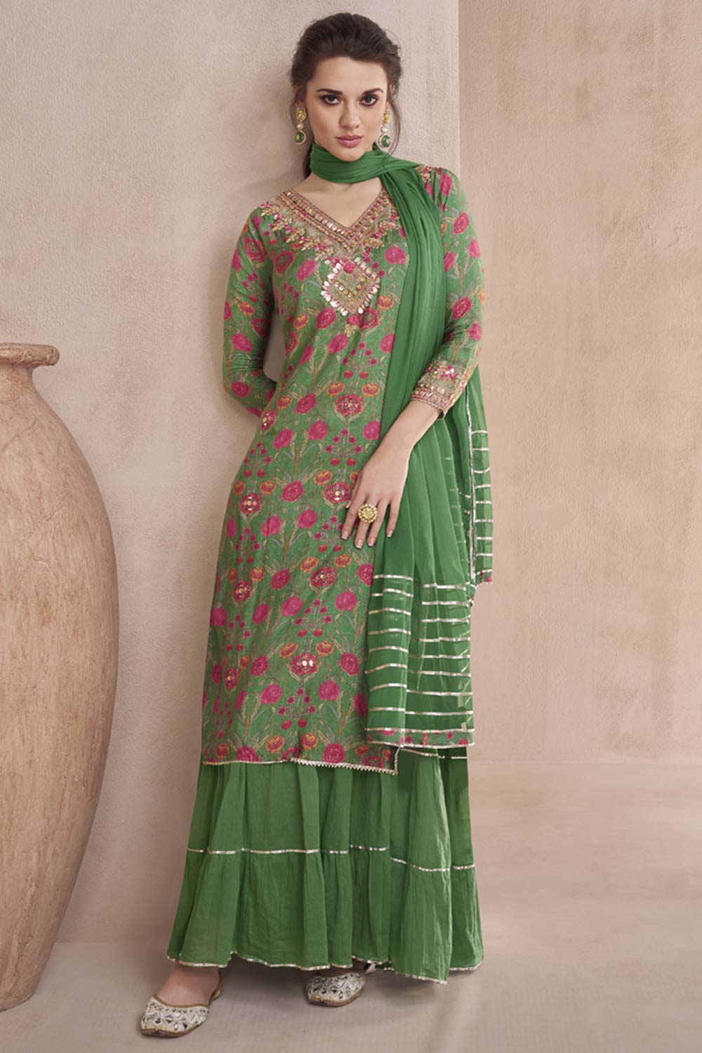 Green Muslin Hand Embelished Sharara Suit