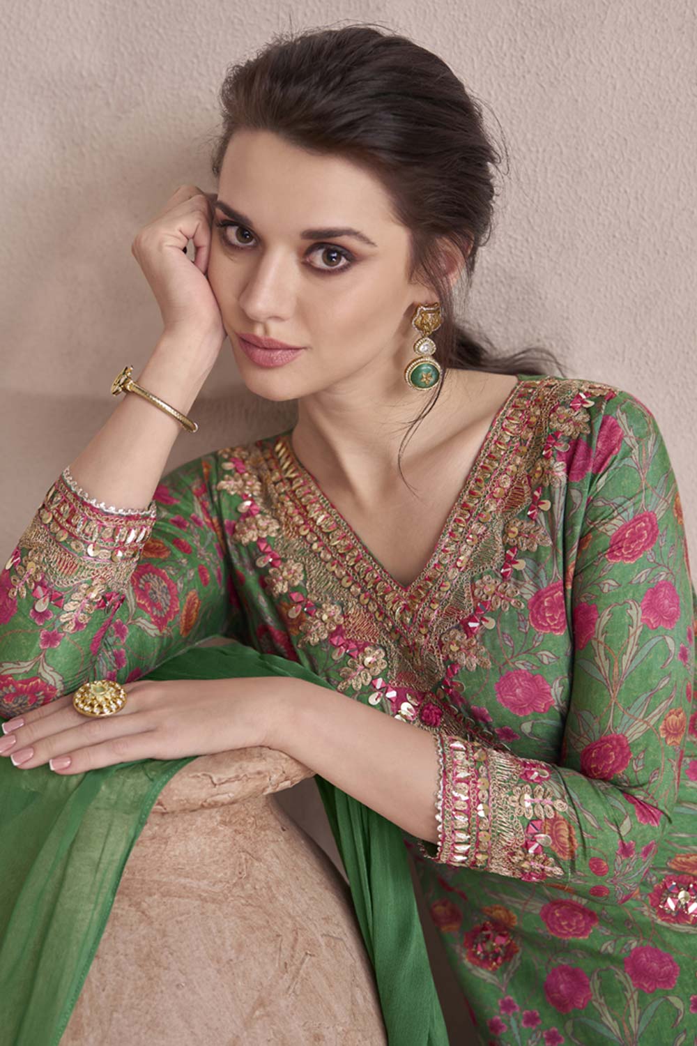 Green Muslin Hand Embelished Sharara Suit