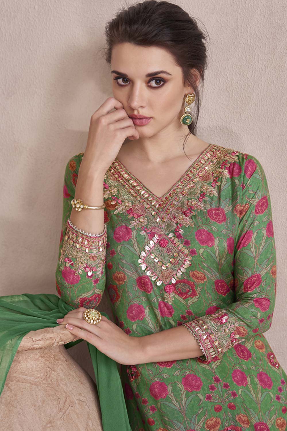 Green Muslin Hand Embelished Sharara Suit