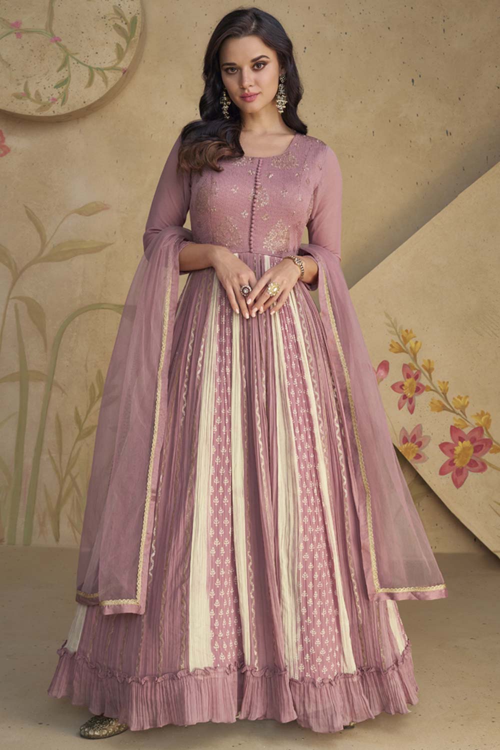 Onion Pink Georgette Embroidered Anarkali Suit