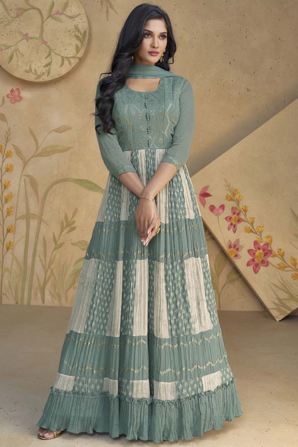 Grey Georgette Embroidered Anarkali Suit