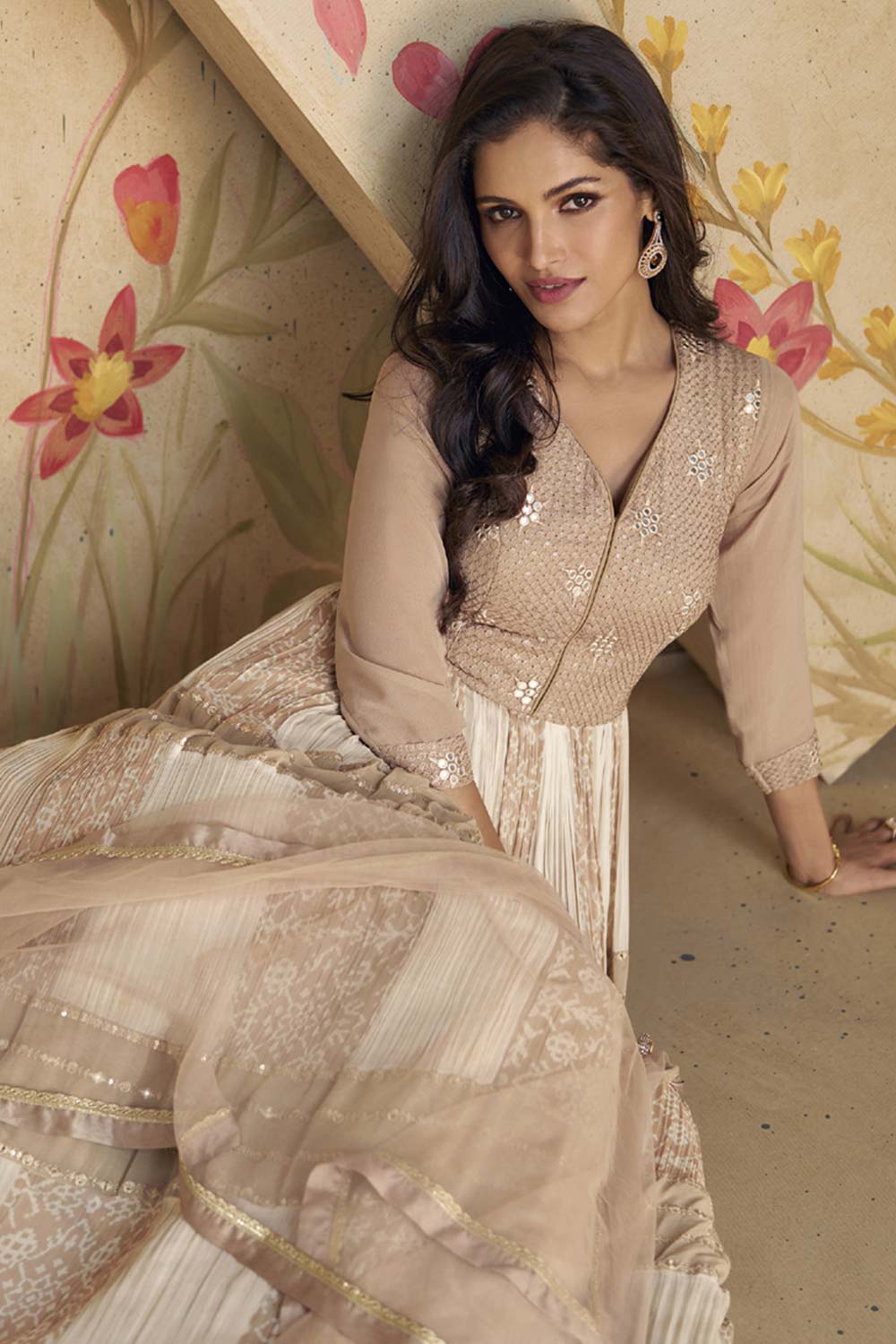 Beige Georgette Embroidered Anarkali Suit