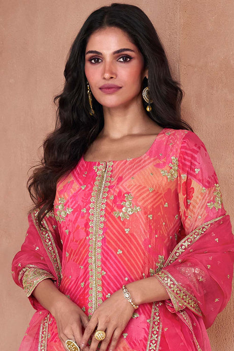 Pink Faux Georgette Digital Print Palazzo Suit