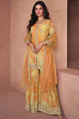 Yellow Faux Georgette Digital Print Palazzo Suit