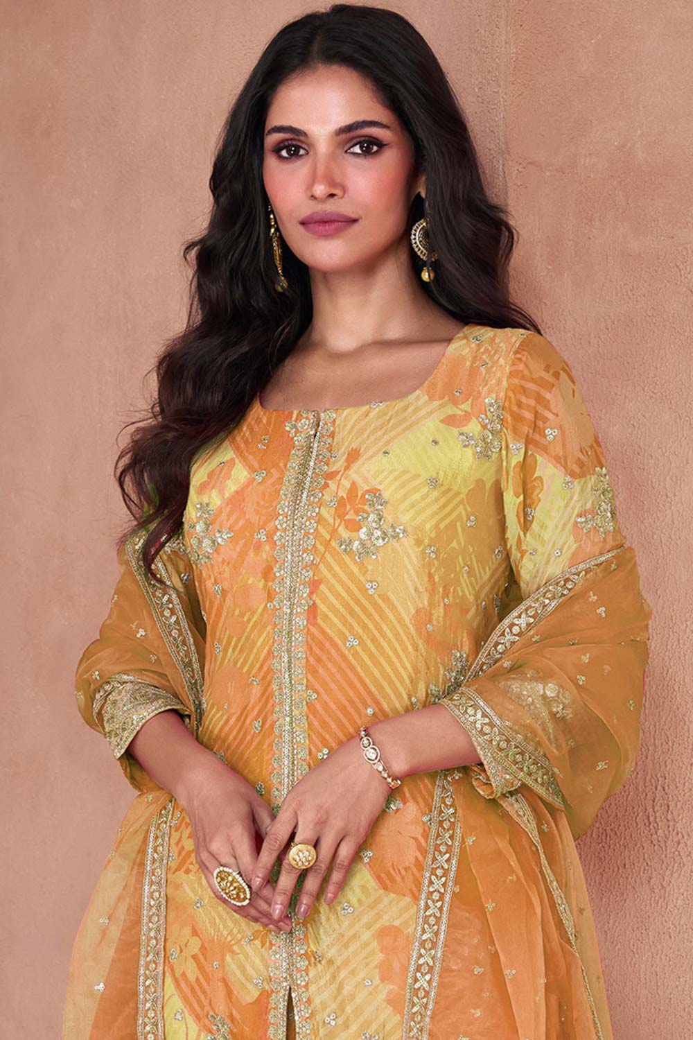 Yellow Faux Georgette Digital Print Palazzo Suit