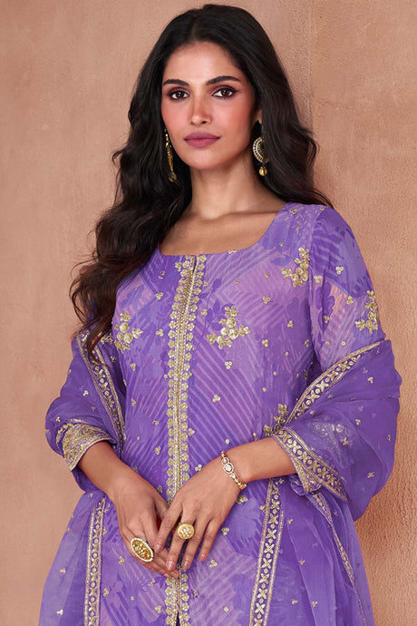 Lavender Faux Georgette Digital Print Palazzo Suit