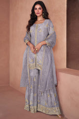 Grey Faux Georgette Digital Print Palazzo Suit