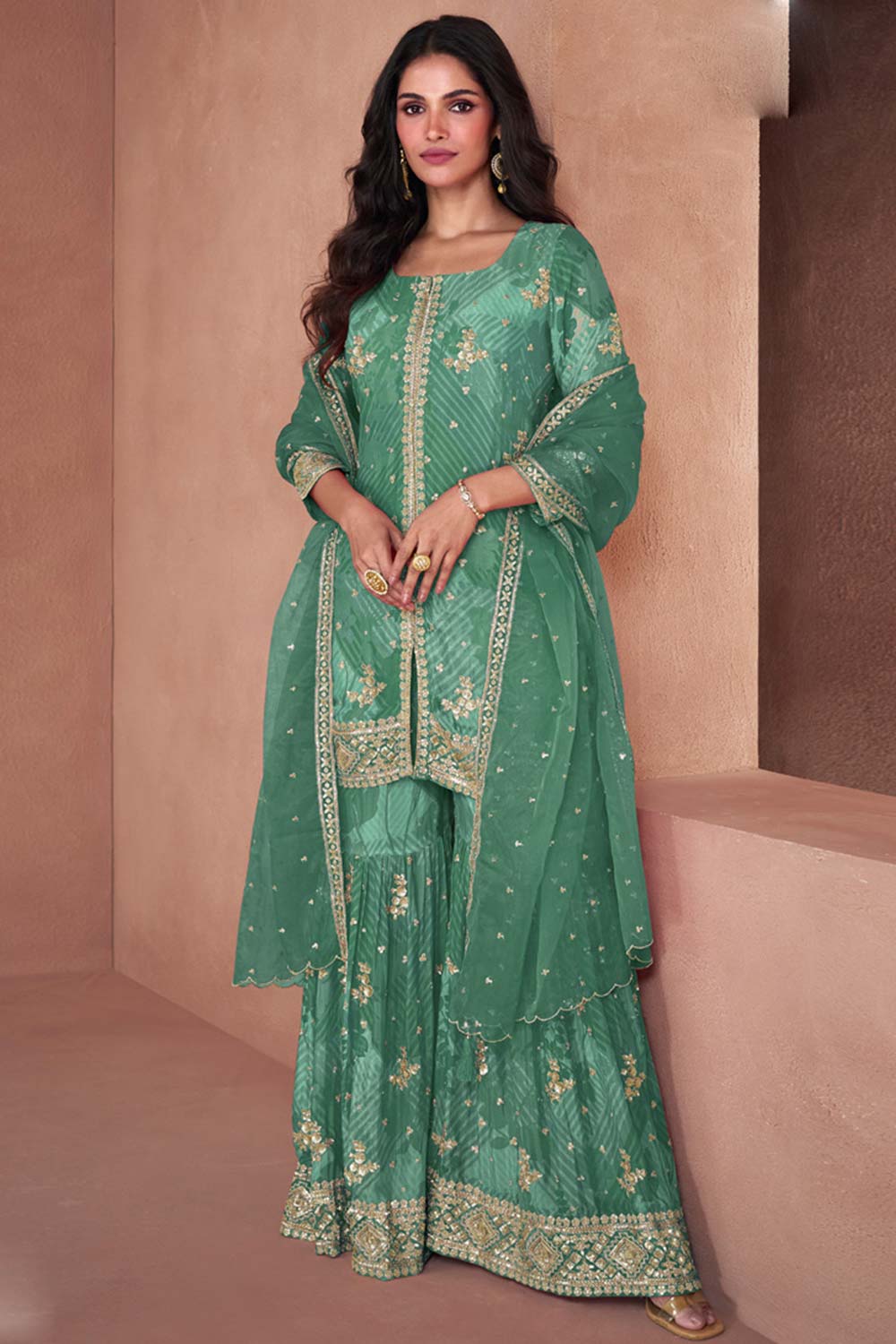 Light Green Faux Georgette Digital Print Palazzo Suit