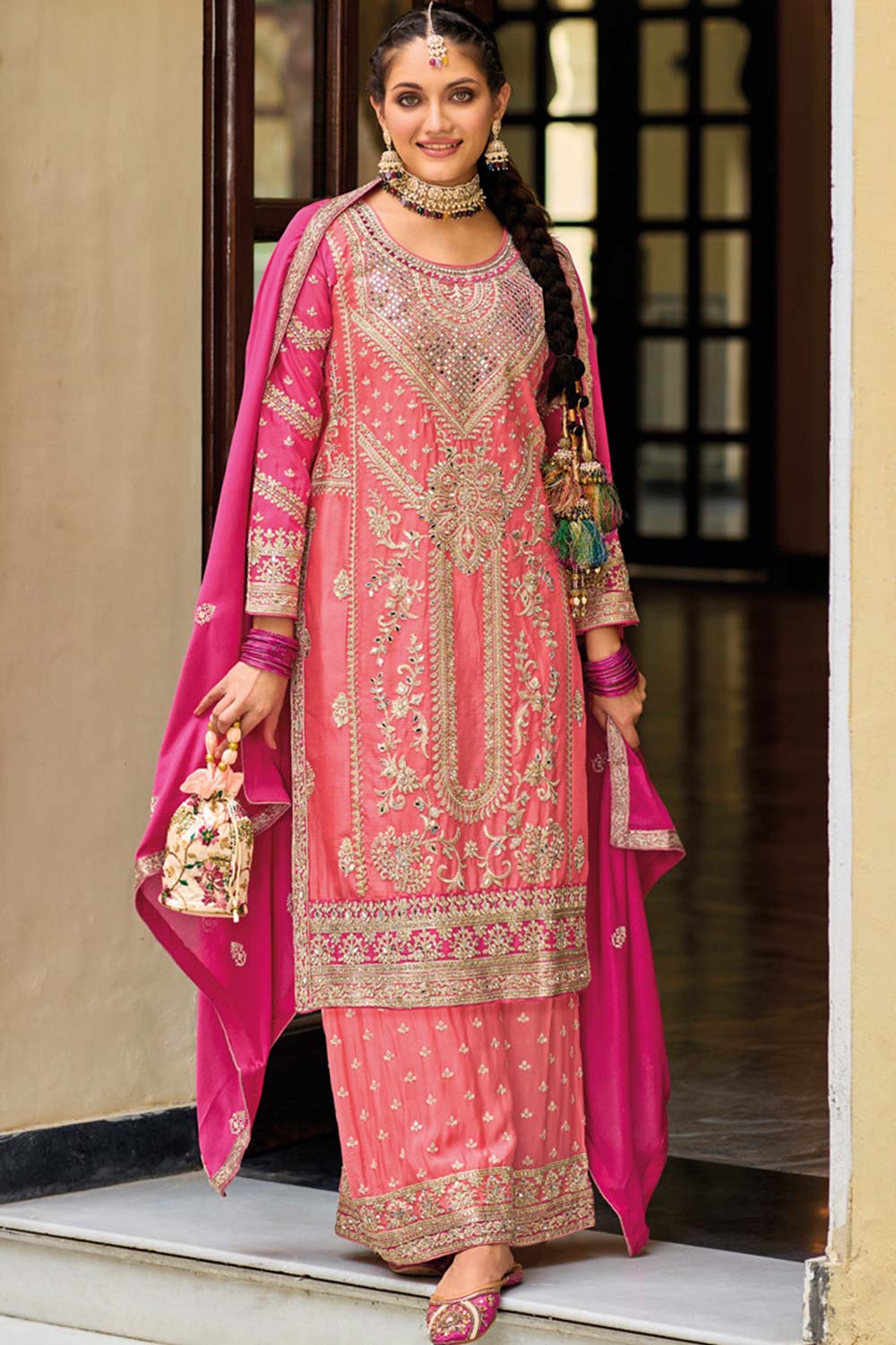 Peach Chiffon Embroidered Round Neck Pakistani Salwar Kameez