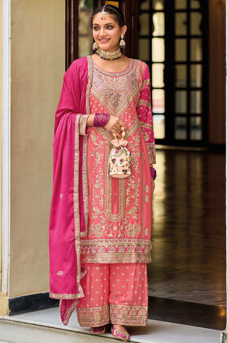 Peach Chiffon Embroidered Round Neck Pakistani Salwar Kameez