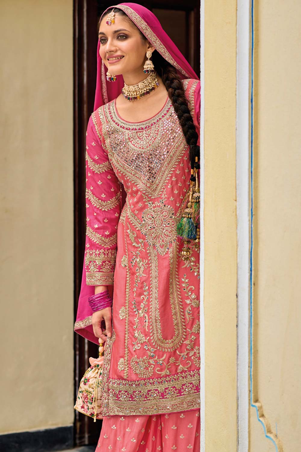 Peach Chiffon Embroidered Round Neck Pakistani Salwar Kameez