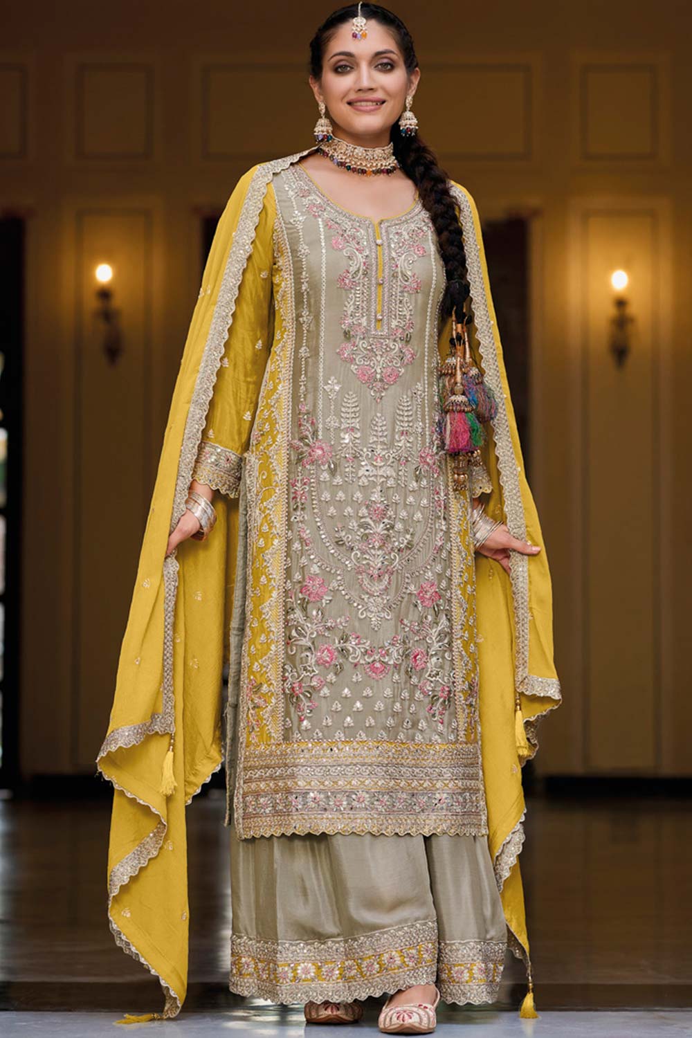 Beige Chiffon Embroidered Round Neck Pakistani Salwar Kameez