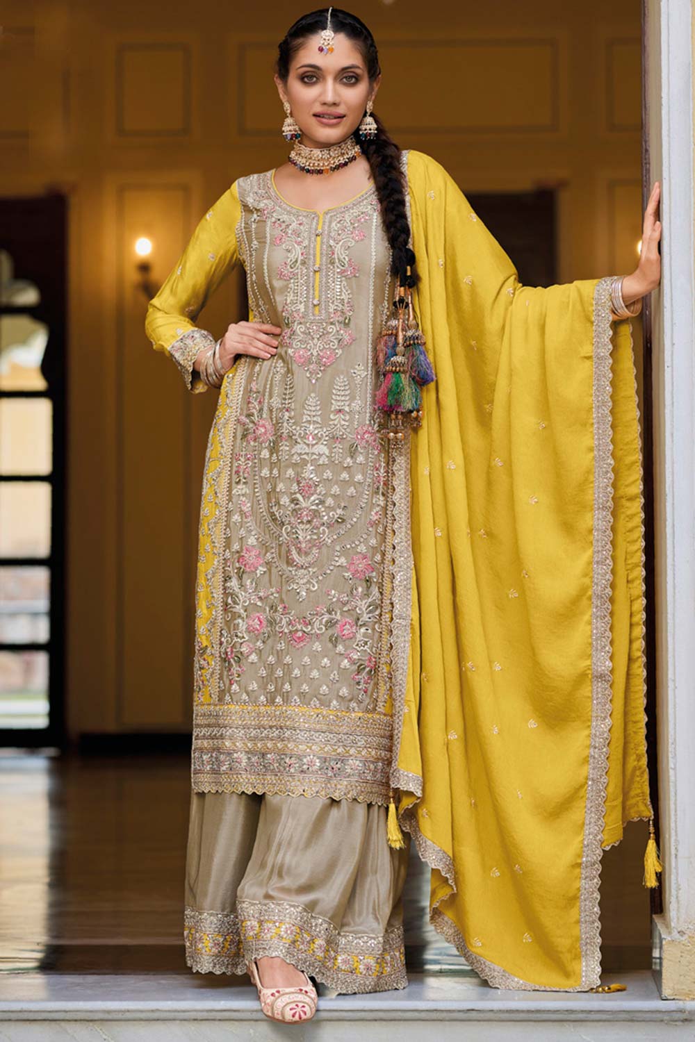 Beige Chiffon Embroidered Round Neck Pakistani Salwar Kameez