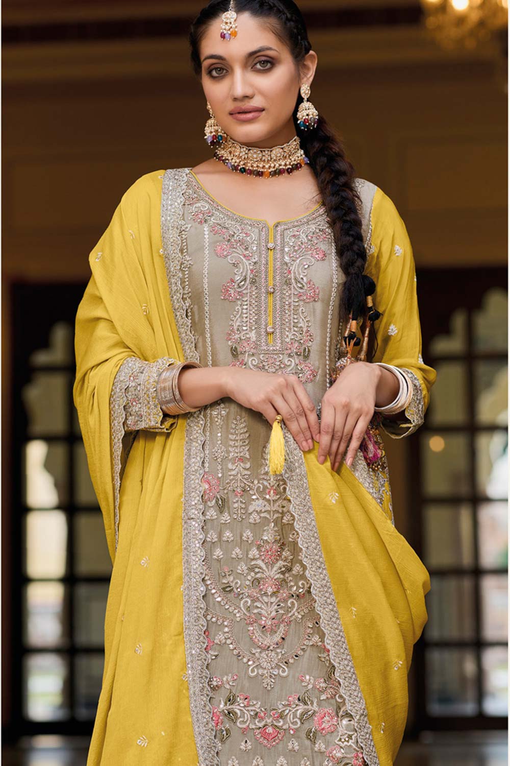 Beige Chiffon Embroidered Round Neck Pakistani Salwar Kameez