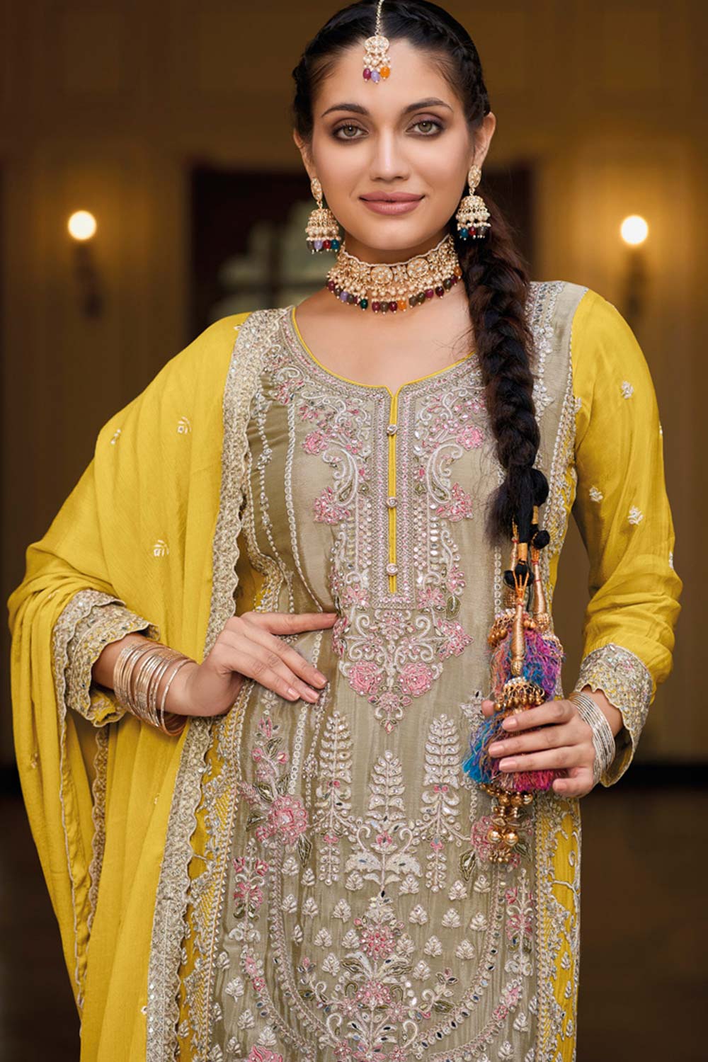 Beige Chiffon Embroidered Round Neck Pakistani Salwar Kameez