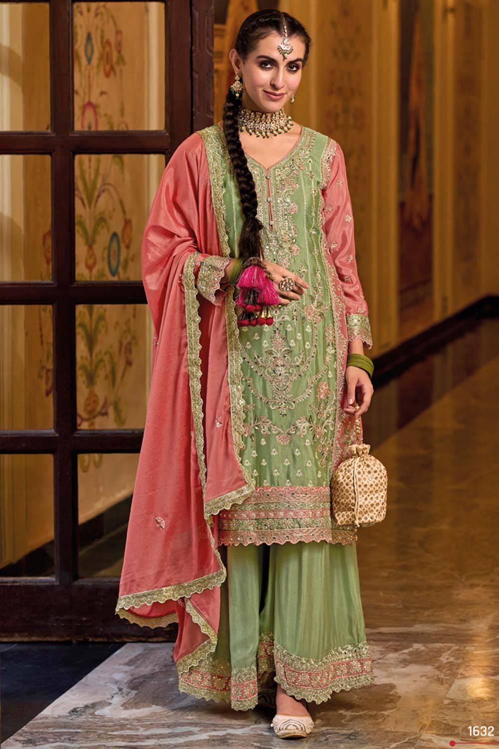 Light Green Chiffon Embroidered V Neck Pakistani Salwar Kameez