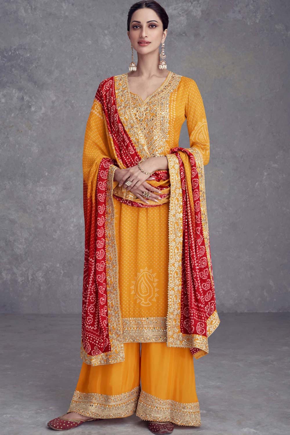 Yellow Chinon Digital Print Palazzo Suit