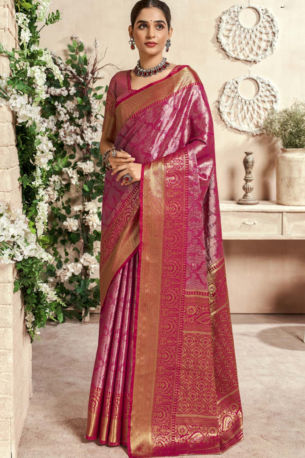 Pink Woven Silk Saree