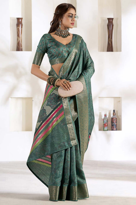 Green Printed Silk Saree