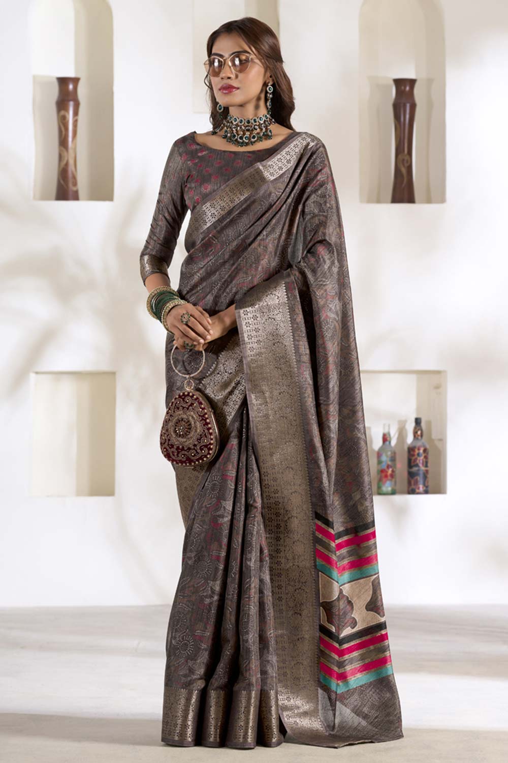 Grey Printed Silk Saree