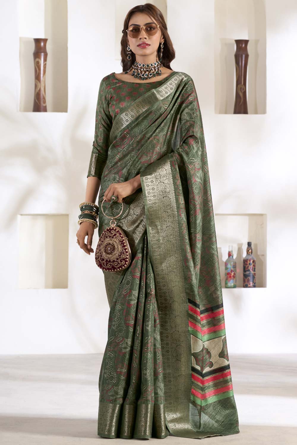 Brown Printed Silk Saree