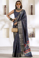 Blue Printed Silk Saree