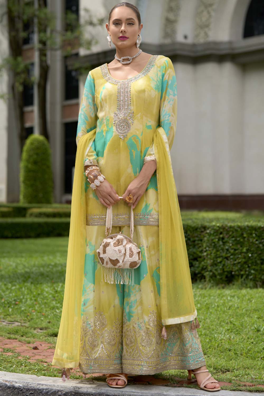 Lime Yellow Heavy Chinon Embroidered Palazzo Suit