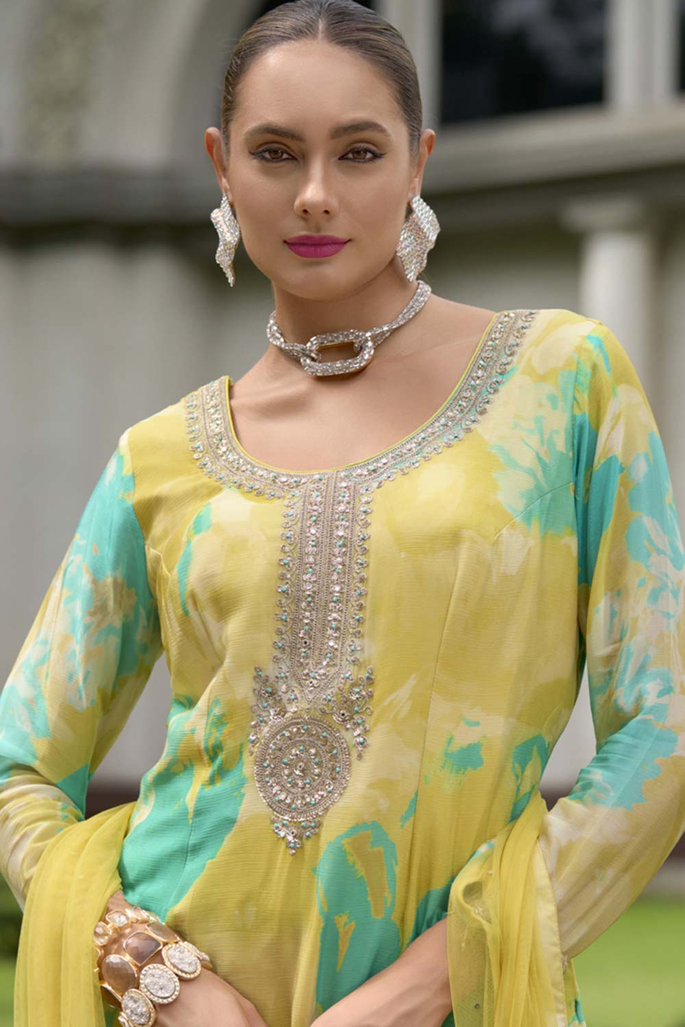 Lime Yellow Heavy Chinon Embroidered Palazzo Suit