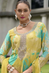 Lime Yellow Heavy Chinon Embroidered Palazzo Suit